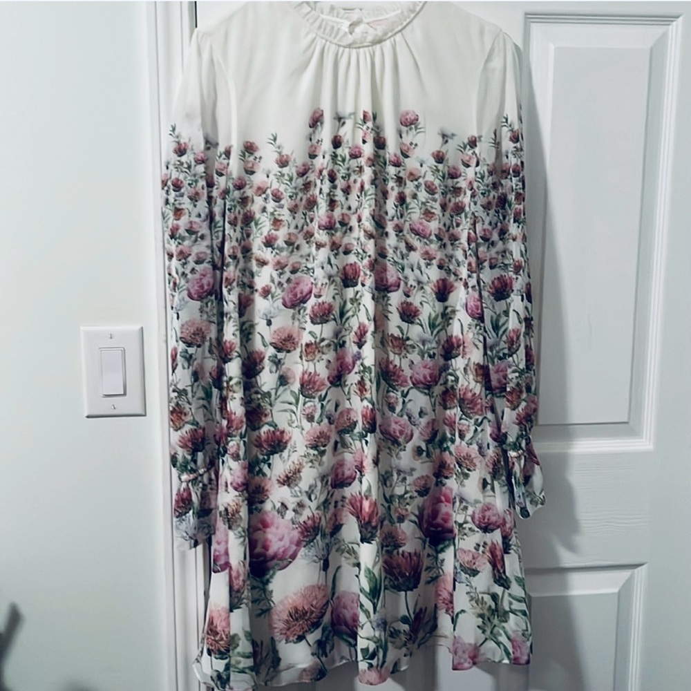 Ted Baker London White and Pink Floral Long Sleeve Dress